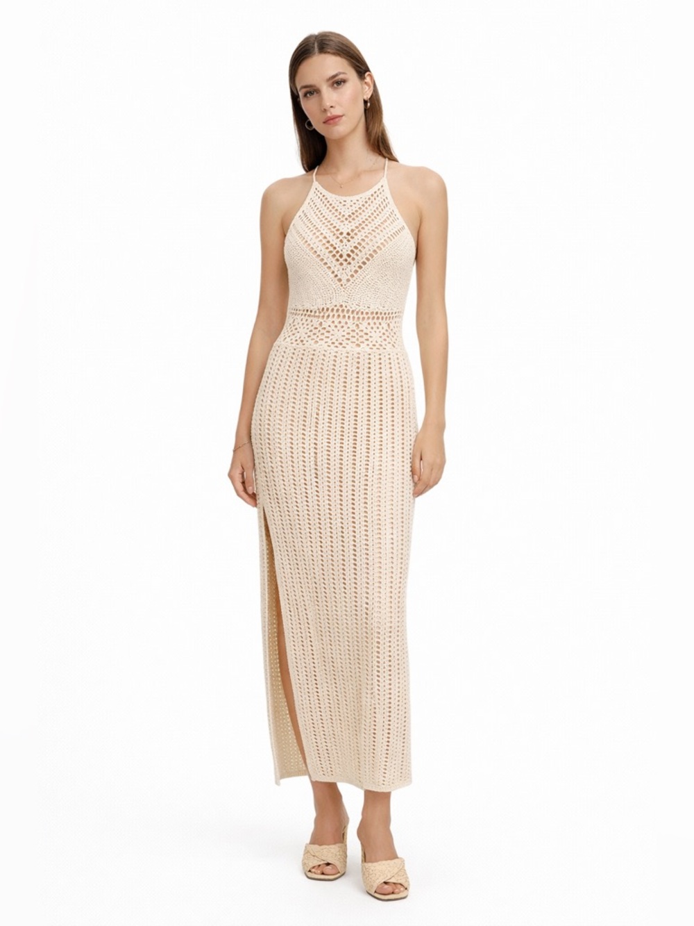 Forever 21 Ivory Crochet Knit Midi Dress Small Boho Chic Resort Beach Cover Up